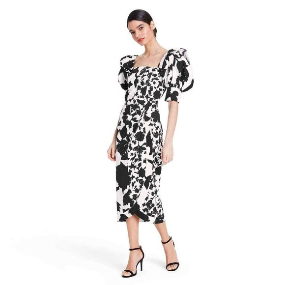 Christopher John Rogers Black & White Target Floral Puff Wrap Dress Size 10 NWT - Picture 1 of 15